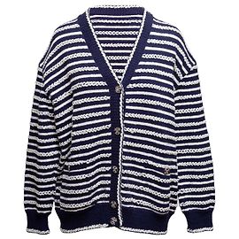 Chanel gestreifter Baumwollcardigan in Navy & Weiß Größe FR 48 Blau