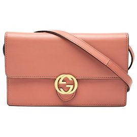 Pink Gucci Leather Interlocking G Dollar Wallet On Strap Pink