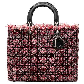 Sac Lady Dior Satchel Large en Tweed Cannage Rose avec Franges Rose