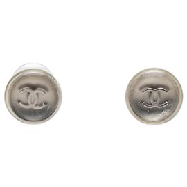Silver Chanel CC Resin and Brass Round Push Back Earrings Silvery