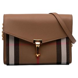 Bolsa transversal Burberry Macken em couro marrom e lona House Check Small Marrom