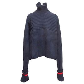 Céline Pull à col roulé en laine et poils de yak bleu marine et rouge Celine Taille US M Bleu