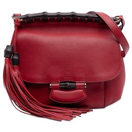 Bolsa transversal Gucci Medium Leather Bamboo Nouveau Fringe vermelha Vermelho