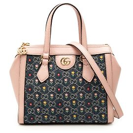 Borsa Ophidia in denim blu con ricamo Small GG Gucci Blu