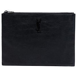 Black Saint Laurent Croc Embossed Leather Monogram Clutch Black
