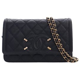 Borsa a tracolla Chanel Caviar CC Filigree Wallet On Chain Nera Nero