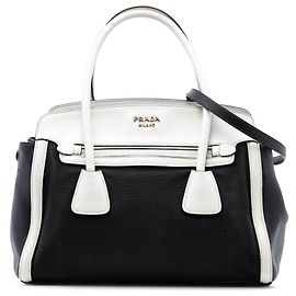 Bolsa satchel de lona e acabamento em couro Saffiano bicolor preto Prada Preto