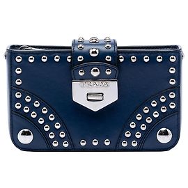 Blue Prada City Calfskin Studded Elektra Turn Lock Clutch Blue