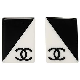 Black Chanel CC Bicolor Acrylic Rectangular Clip On Earrings Black