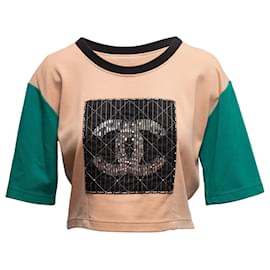 Top de manga curta em lã com adornos Chanel Tan & Multicolor Tamanho FR 34 Camelo