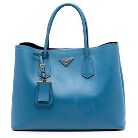 Sac double en cuir Saffiano large bleu Prada Bleu