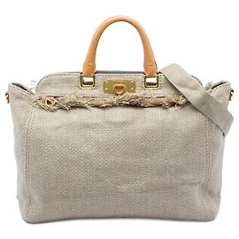 Bolso shopping de rafia y lino beige Prada con flecos Beige