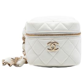 Weiße Chanel CC gesteppte Lammleder Cube Zip Clutch mit Kette Vanity Bag Weiß