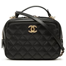 Black Chanel Small CC Quilted Lambskin Top Handle Vanity Case with Chain Satchel Black
