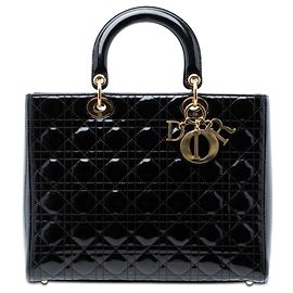 Sac à main Dior Large Cannage Lady Dior en cuir verni noir Noir