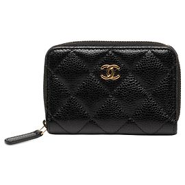 Black Chanel CC Quilted Caviar Zip Coin Purse Black
