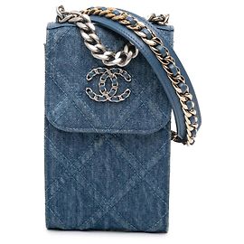 Blue Chanel Denim 19 Phone Holder with Chain Satchel Blue