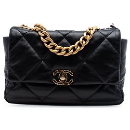 Bolsa Chanel 19 de pele de cordeiro preta Large Preto