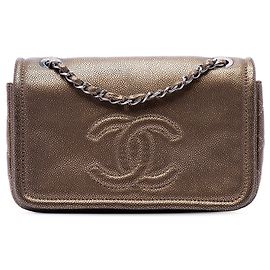Bolsa de Ombro Chanel Small Metallic Caviar CC Timeless Flap Castanha Marrom