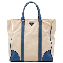 Blue Prada Saffiano Trimmed Canvas Tote Blue