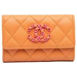 Orange Chanel Quilted Caviar 19 Flap Card Holder Orange
