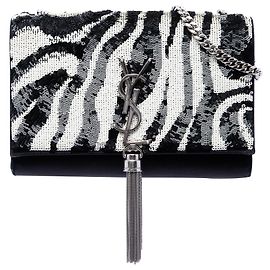 Borsa a Tracolla Saint Laurent Small Satin Monogram Kate Zebra Sequin Nera Nero