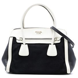 Mala Satchel Prada em lona com acabamentos em couro Saffiano bicolor preto Preto