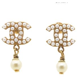 Boucles d'oreilles Swing à fermoir poussoir en plaqué or et fausses perles Chanel CC Gold Doré