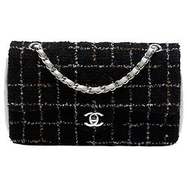 Bolsa de ombro Chanel Medium Classic Double Flap em tweed acolchoado preto e pele de cordeiro metalizada Preto