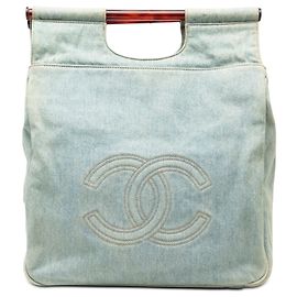 Blue Chanel CC Denim Tortoise Handle Tote Blue