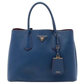 Bolsa Double Satchel Prada Medium em couro Saffiano azul Azul