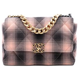 Bolsa Chanel 19 Flap Satchel Large em algodão xadrez rosa Rosa