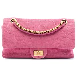 Bolsa de ombro Chanel Reissue 2.55 Double Flap 225 em jersey acolchoado croc rosa Rosa