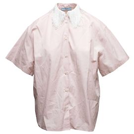 Light Pink & White Prada Short Sleeve Fringe Collar Button-Up Size IT 36 Pink
