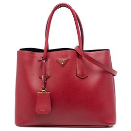 Sac Satchel Double Prada Medium en Cuir Saffiano Rouge Rouge