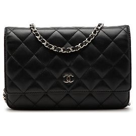 Borsa a tracolla Chanel CC in pelle di agnello matelassé nera Wallet On Chain Nero