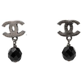 Silver Chanel CC Brass Beaded Swing Push Back Earrings Silvery