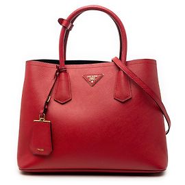 Sac Satchel Double Prada Medium en Cuir Saffiano Rouge Rouge