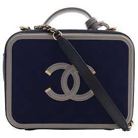 Blue Chanel Medium Tricolor Jersey CC Filigree Vanity Case Satchel Blue