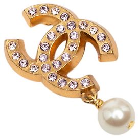 Spilla pendente Chanel CC placcata oro con strass e perle finte D'oro
