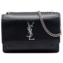 Borsa a tracolla Saint Laurent Mini Sunset Wallet on Chain in pelle di vitello monogrammata nera Nero