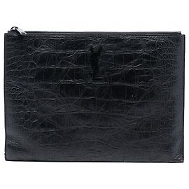 Black Saint Laurent Croc Embossed Leather Monogram Document Holder Clutch Bag Black