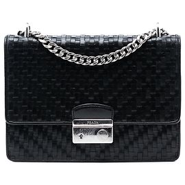 Bolsa de aba com corrente em couro Madras trançado Prada preta Preto