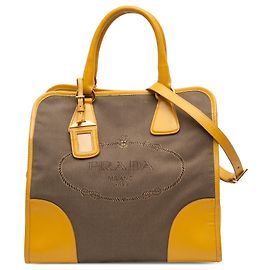 Bolsa Satchel Prada em lona Canapa com logótipo e acabamentos em couro Saffiano castanho Marrom