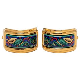 Boucles d'oreilles clips Hermès en émail cloisonné plaqué or Gold Doré