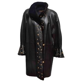 Vintage Black Yves Saint Laurent 80s Leather & Fur Coat Size US M Black