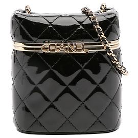Black Chanel Quilted Patent Logo Chain Vanity Case Black