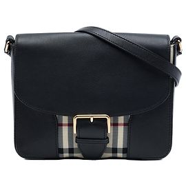 Borsa a tracolla Burberry Small Haymarket Check in nylon e pelle nera Nero
