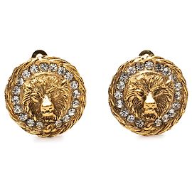 Orecchini a clip Chanel placcati oro con testa di leone e strass D'oro