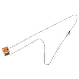 Collier pendentif Cage D en laque orange Hermès plaqué palladium Orange